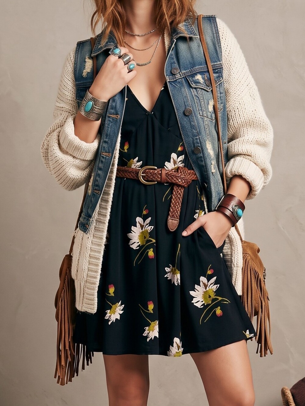 Free People Black Floral V-Neck Front Tie Tunic Mini Dress Boho Large